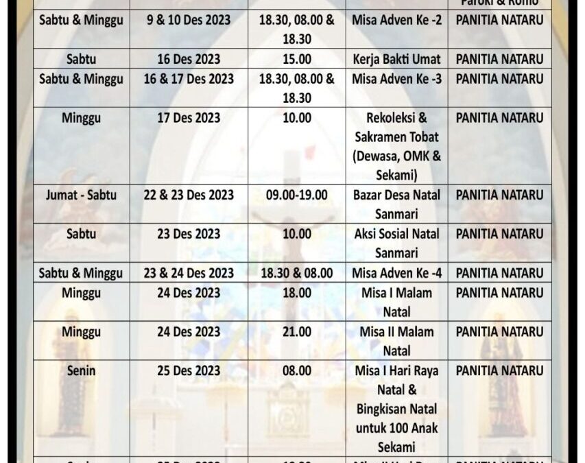 Jadwal Misa dan kegiatan panitia Nataru 2024